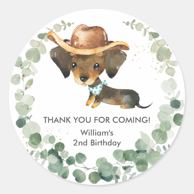 Greenery Cute Dachshund Puppy Dog Birthday Favour  Classic Round Sticker (Front)