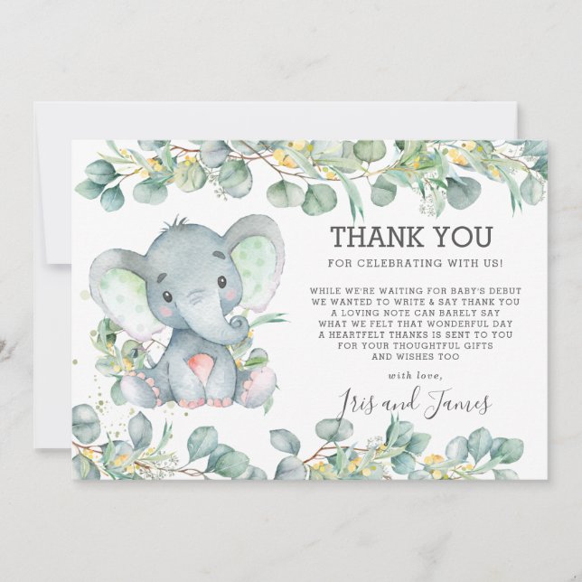 Greenery Cute Elephant Baby Shower Gender Neutral  Thank You Card (Front)