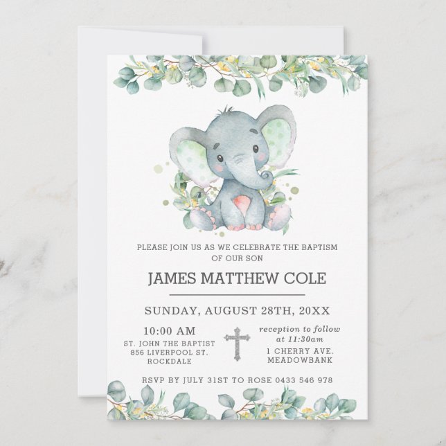 Greenery Cute Elephant Baptism Christening Invitation (Front)
