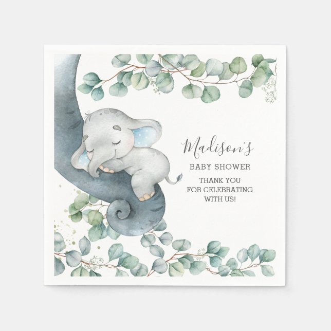 Greenery Cute Elephant Boy Baby Shower Birthday  Napkin (Front)
