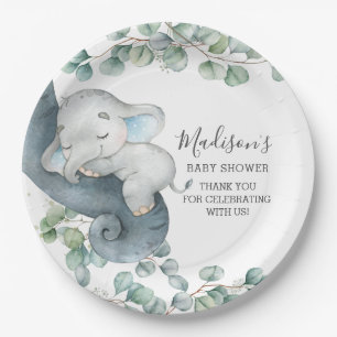 Greenery Cute Elephant Boy Baby Shower Birthday Paper Plate