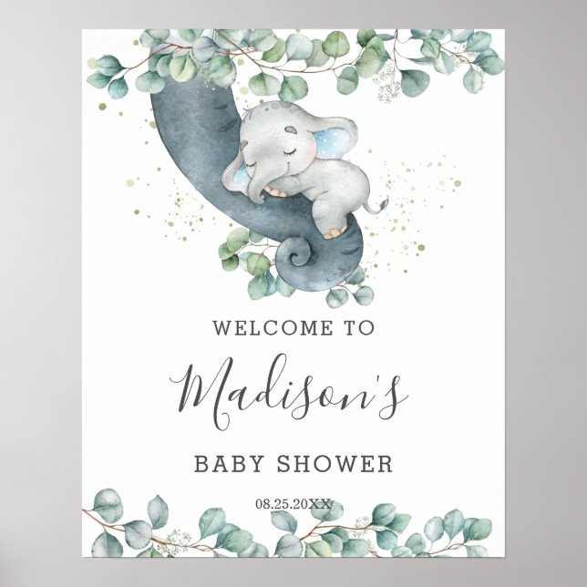 Greenery Cute Elephant Boy Baby Shower Welcome  Poster (Front)