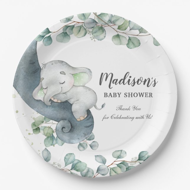 Greenery Cute Elephant Gender Neutral Baby Shower  Paper Plate (Front)