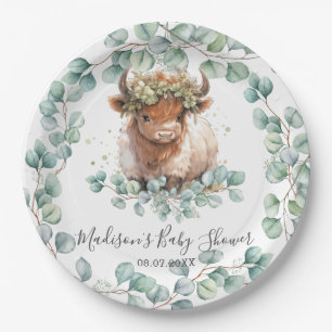 Greenery Cute Highland Cow Baby Shower Birthday Paper Plate