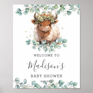 Greenery Cute Highland Cow Baby Shower Welcome Poster