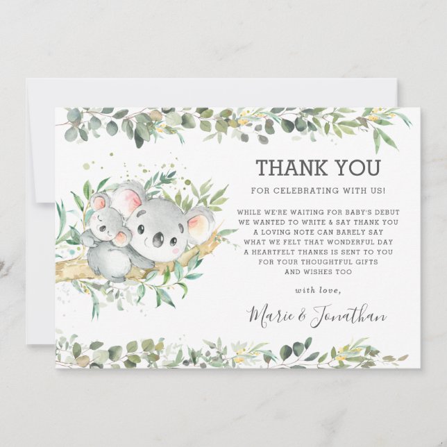 Greenery Cute Koala Gender Neutral Baby Shower  Thank You Card (Front)