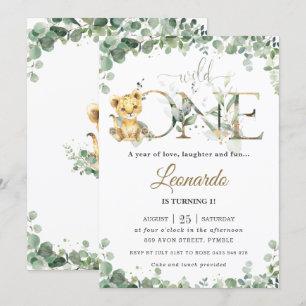 Greenery Cute Lion Cub Boy1st Birthday Wild One Invitation