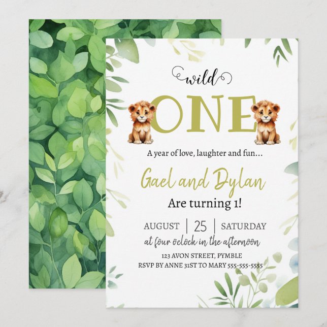 Greenery Cute Lion Cubs Twins Boys 1st Birthday In Invitation (Front/Back)
