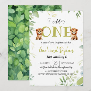 Greenery Cute Lion Cubs Twins Boys 1st Birthday In Invitation