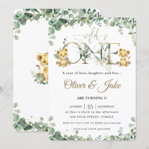 Greenery Cute Lion Cubs Twins Boys 1st Birthday  Invitation