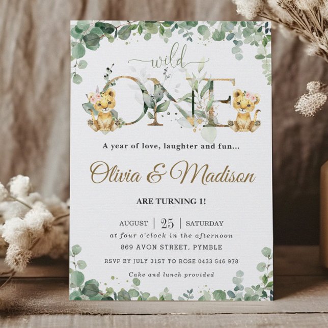 Greenery Cute Lion Cubs Twins Girls 1st Birthday  Invitation (Creator Uploaded)