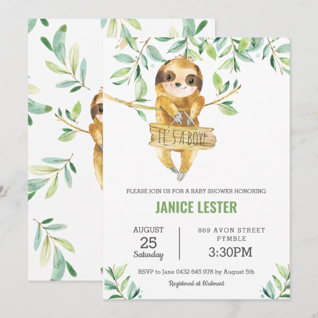 Greenery Cute Sloth Baby Shower Boy Invitation (Front/Back)