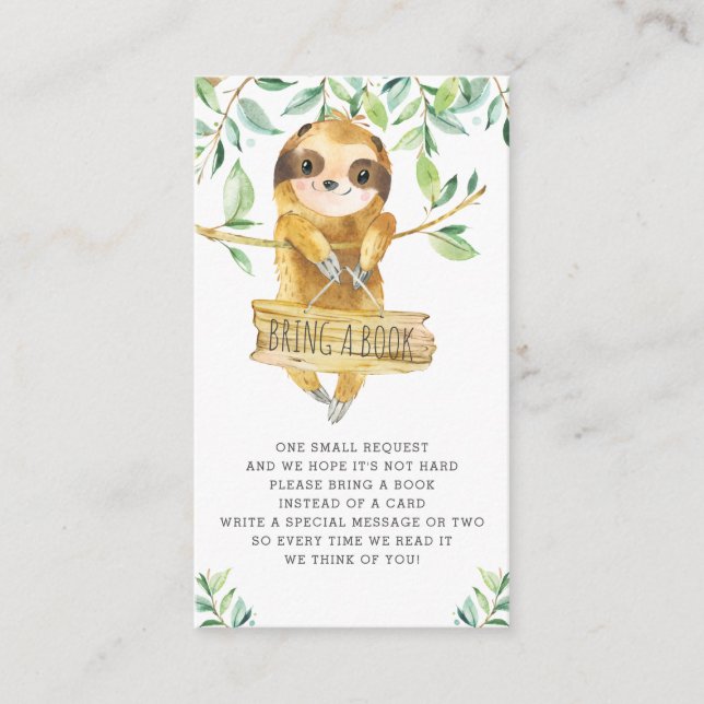 Greenery Cute Sloth Baby Shower Bring a Book Enclosure Card (Front)