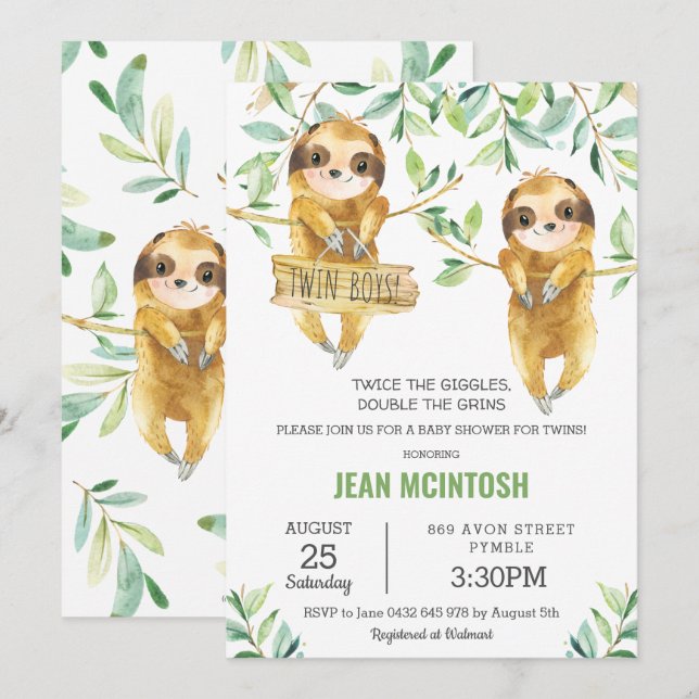 Greenery Cute Sloth Baby Shower Twin Boys Twins Invitation (Front/Back)