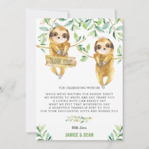 Greenery Cute Sloth Baby Shower Twins Boys Thank You Card