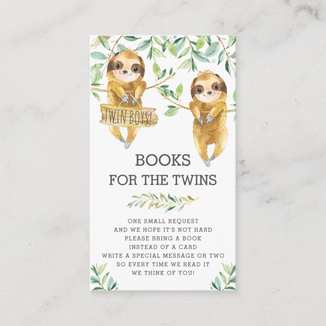 Greenery Cute Sloth Twins Baby Shower Bring a Book Enclosure Card (Front)