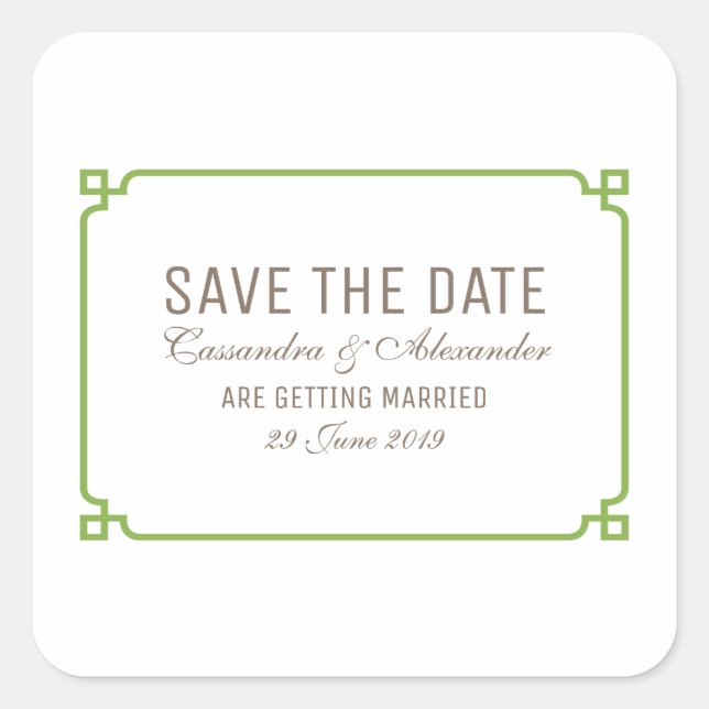 Greenery Deco Chic Save the Date Square Sticker (Front)