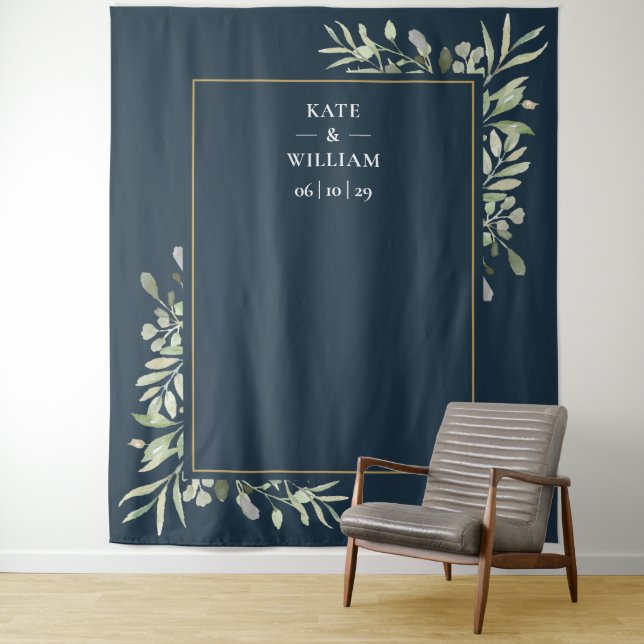Greenery Deep Sea Blue Wedding Photo Booth Tapestry (In Situ)