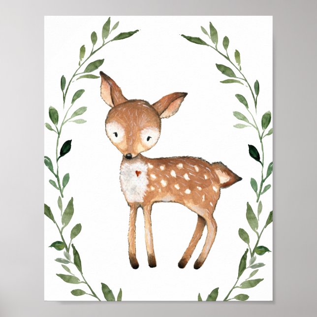 Greenery Deer Woodland Animals Nursery Wall Art (Front)
