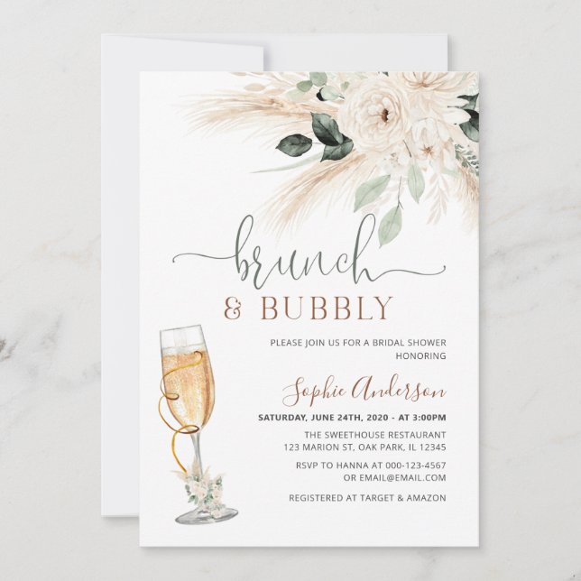 Greenery Desert Boho Pampas Grass Brunch & Bubbly Invitation (Front)