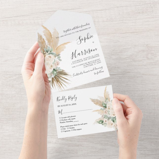 Greenery Desert Boho Pampas Grass Wedding All In One Invitation (Tearaway)
