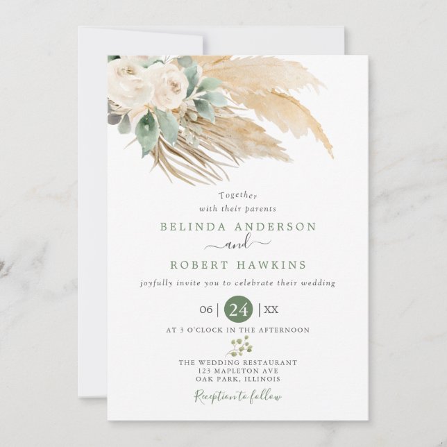 Greenery Desert Boho Rose Pampas Grass Wedding Invitation (Front)