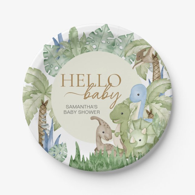 Greenery Dinosaur Baby Shower  Paper Plate (Front)