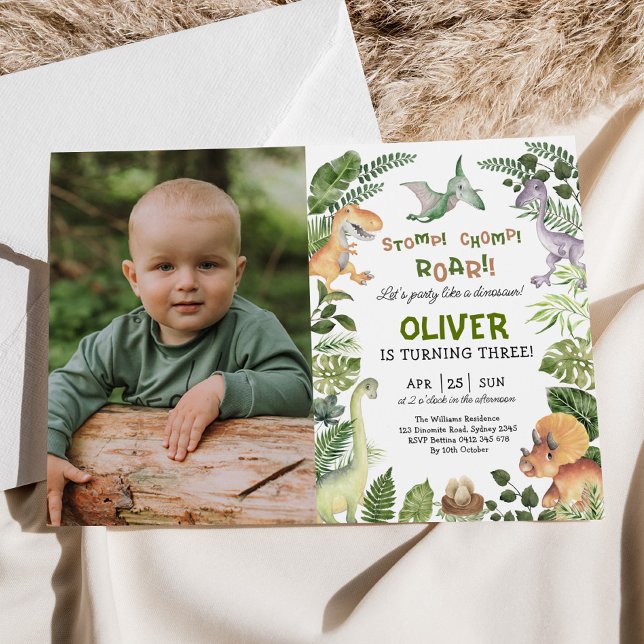 Greenery Dinosaur Jurassic Birthday Party Photo In Invitation (Creator Uploaded)