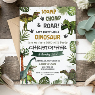 Greenery Dinosaurs Birthday Party Stomp Chomp Roar Invitation