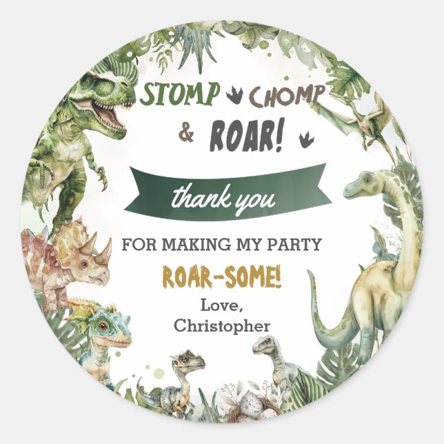 Greenery Dinosaurs Jurassic Boy Birthday Classic Round Sticker (Front)