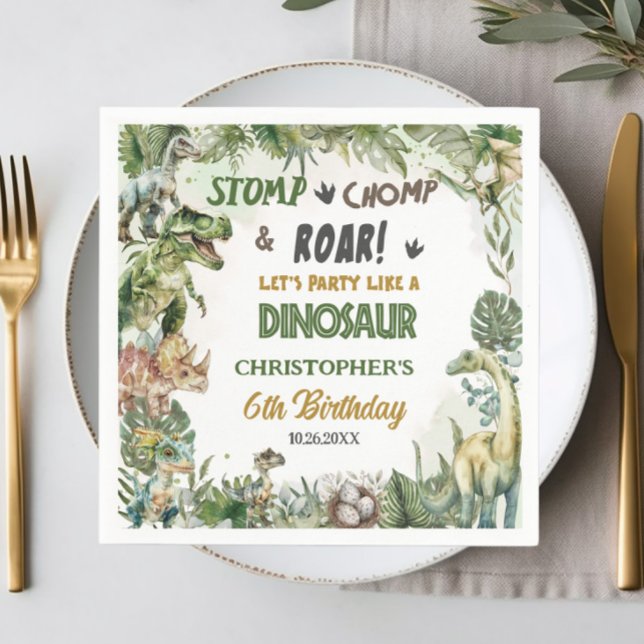Greenery Dinosaurs Jurassic Boy Birthday Party  Napkin (cool scary dinosaurs birthday party serviettes napkins t-rex brontosaurus triceratops )