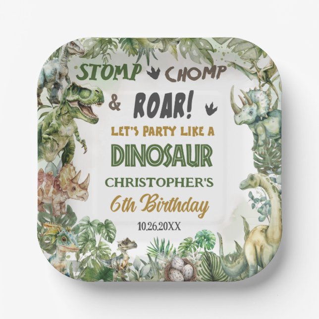 Greenery Dinosaurs Jurassic Boy Birthday Party  Paper Plate (Front)