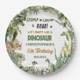Greenery Dinosaurs Jurassic Boy Birthday Round Paper Plate