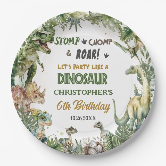 Greenery Dinosaurs Jurassic Boy Birthday Round Paper Plate (Front)