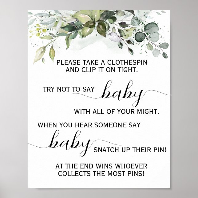 Greenery Don't say Baby Clothespin Shower Game Poster (Front)