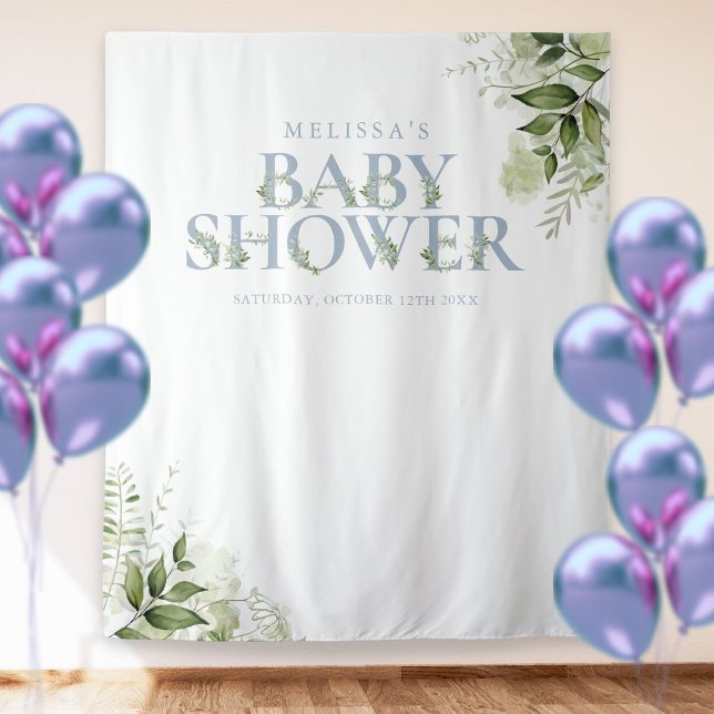 Greenery Dusty Blue Baby Shower Photo Backdrop Tapestry (Creator Uploaded)
