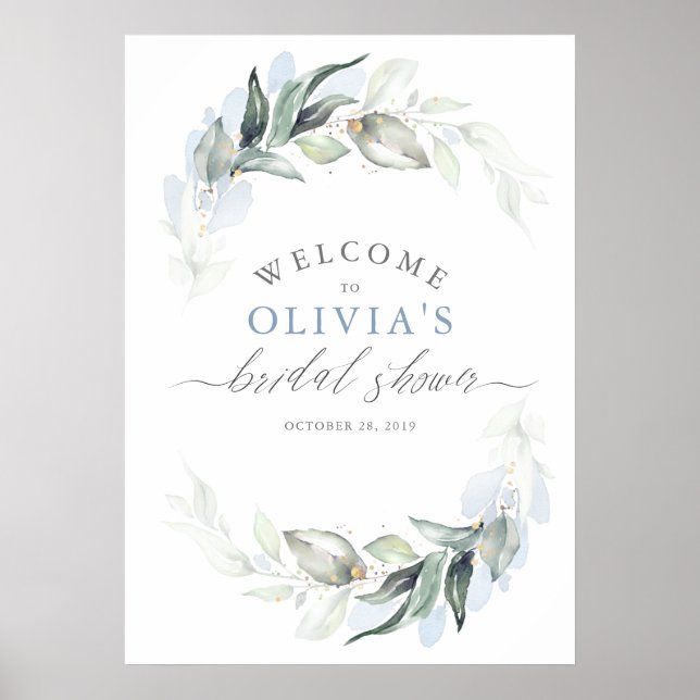 Greenery Dusty Blue Elegant Bridal Shower Poster (Front)