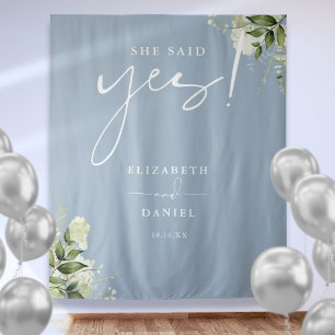 Greenery Dusty Blue Engagement Party Backdrop Tapestry
