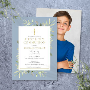 Greenery Dusty Blue First Holy Communion Photo Invitation