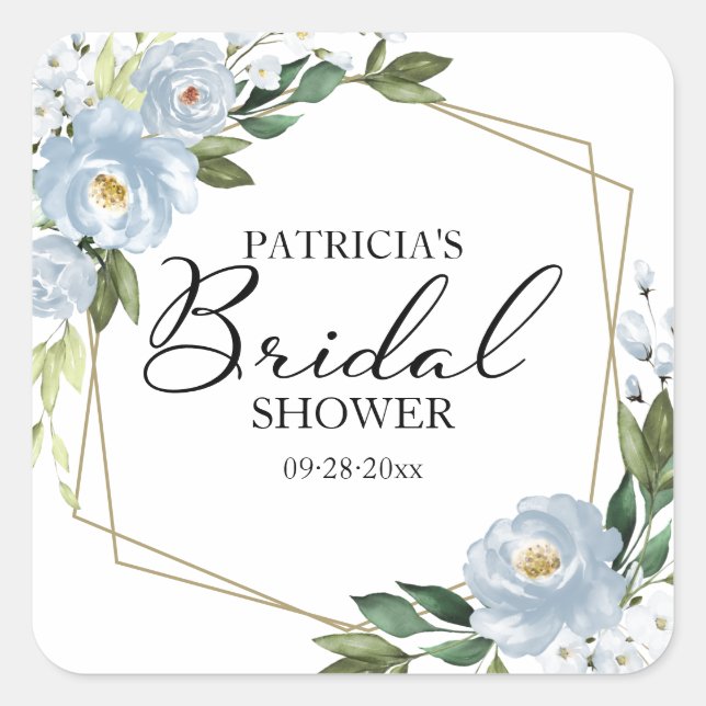 Greenery Dusty Blue Floral Geometric Bridal Shower Square Sticker (Front)