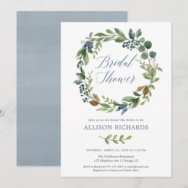 Greenery dusty blue floral wreath rustic bridal invitation (Front/Back)