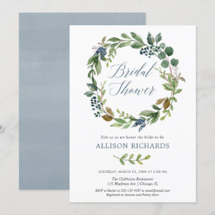 Greenery dusty blue floral wreath rustic bridal invitation