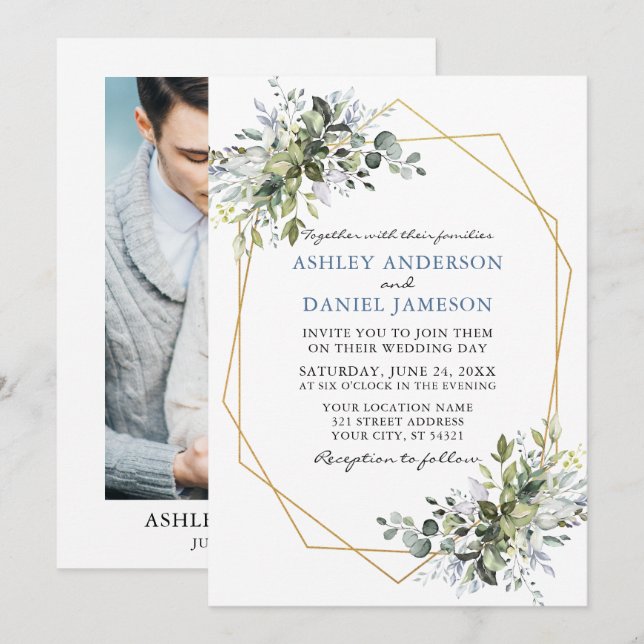 Greenery Dusty Blue Geo Frame Photo Wedding Invitation (Front/Back)