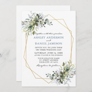Greenery Dusty Blue Geo Frame Photo Wedding Invitation