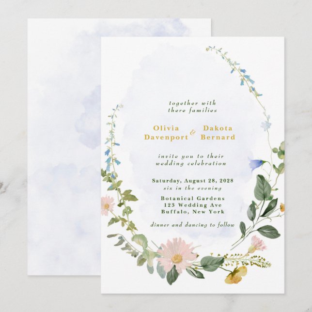 Greenery Dusty Blue Gold Wildflowers Wedding Invitation (Front/Back)