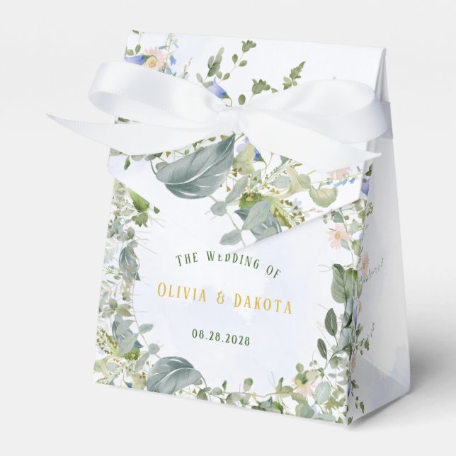 Greenery Dusty Blue Watercolor Wildflowers Wedding Favour Box (Front Side)