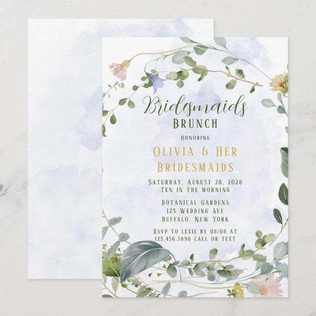 Greenery Dusty Blue Wildflower Bridesmaids Brunch Invitation (Front/Back)