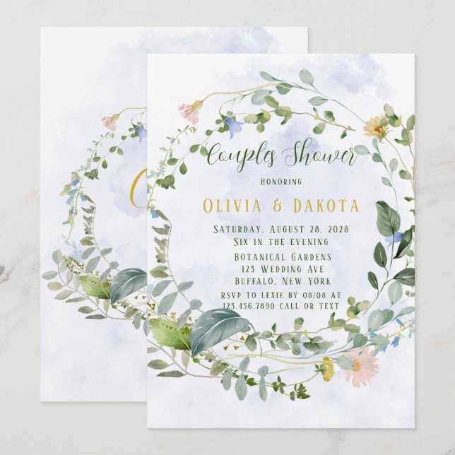 Greenery Dusty Blue Wildflowers Couples Shower Invitation (Front/Back)