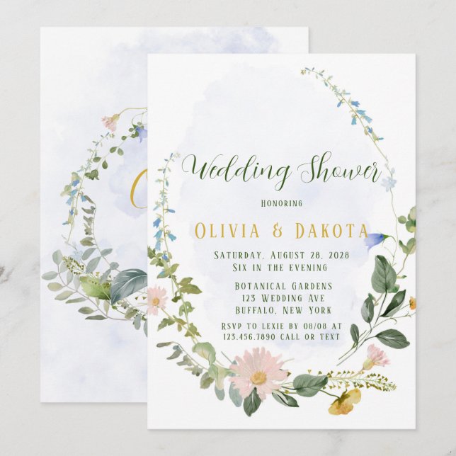 Greenery Dusty Blue Wildflowers Wedding Shower Invitation (Front/Back)