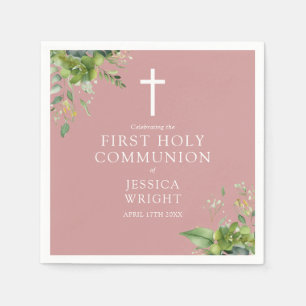 Greenery Dusty Rose Pink First Holy Communion Napkin